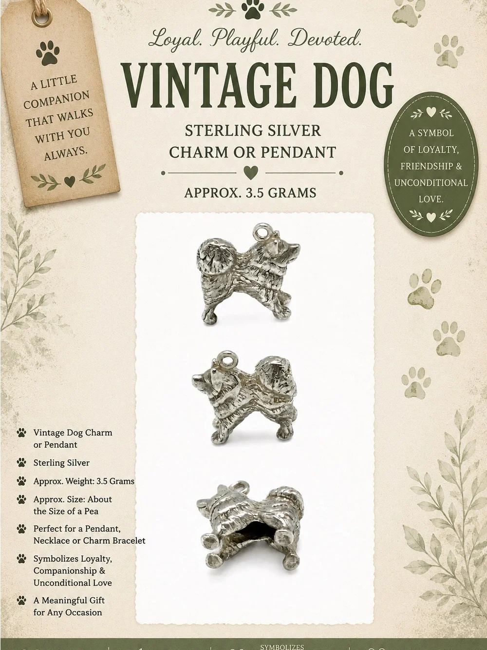 Vintage Dog Sterling Silver Charm - Silver
